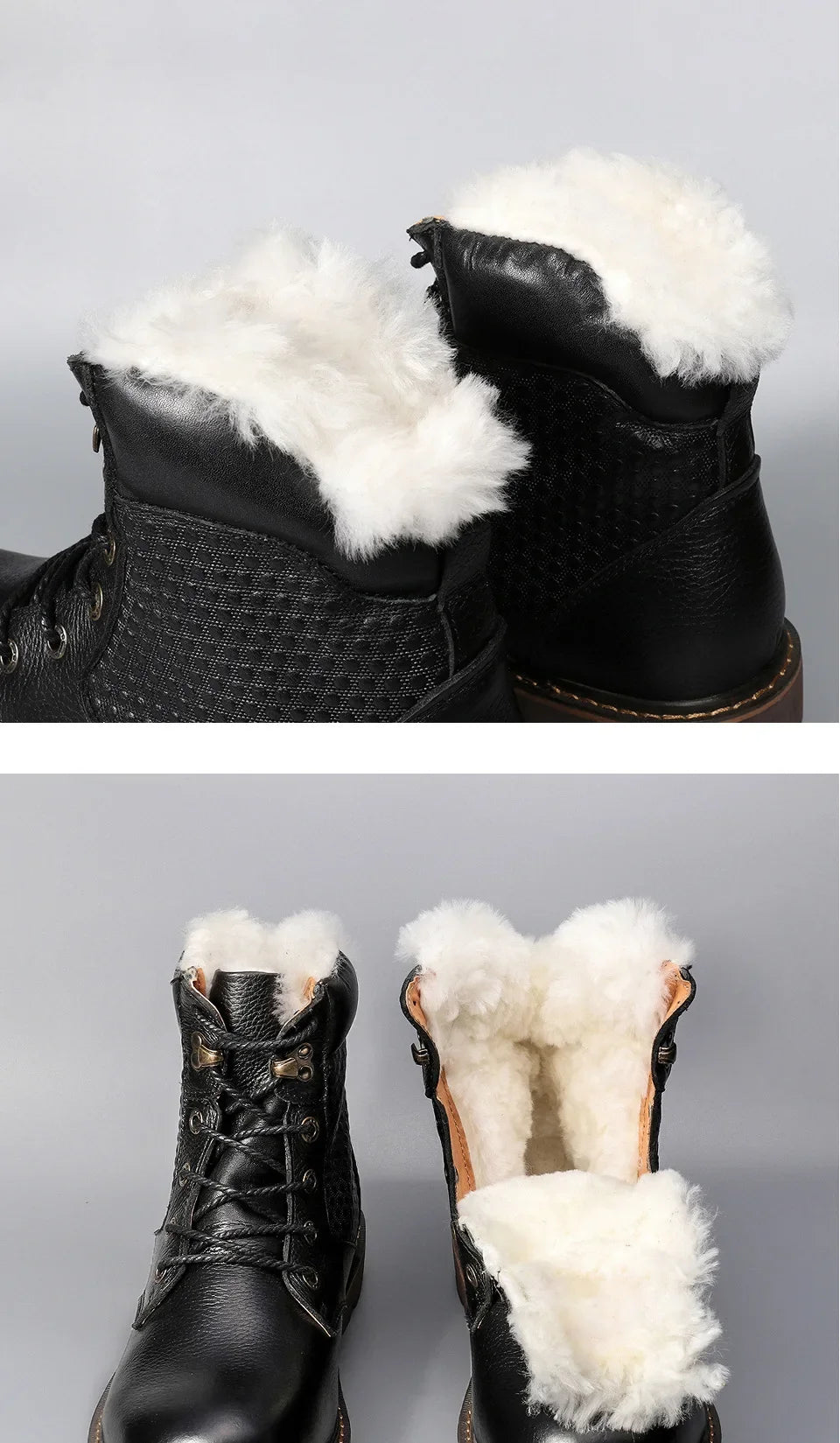 Natural Wool Winter Boots Genuine Natural Cow leather Warmest Men Winter Boots 2024