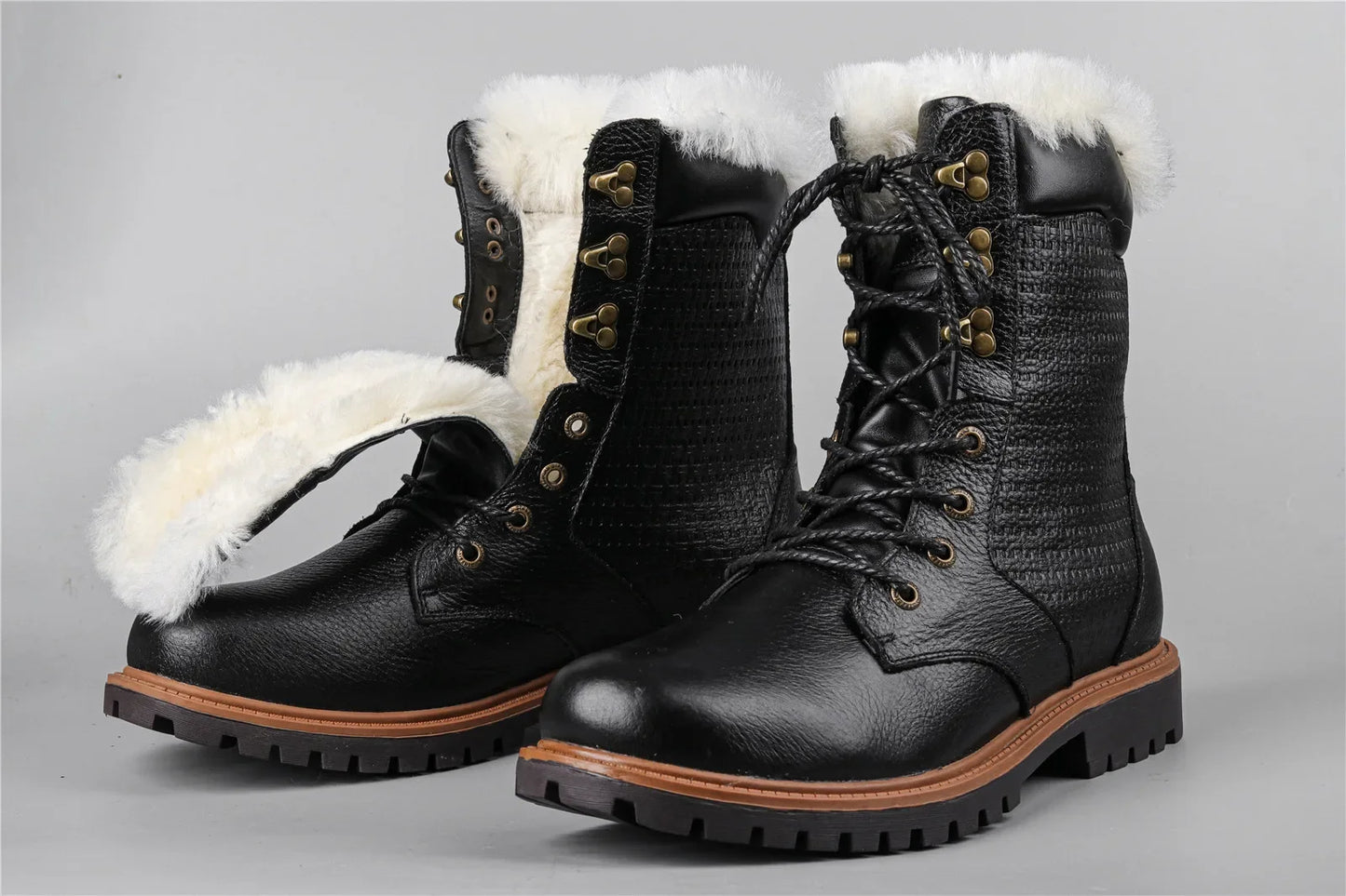 Natural Wool Winter Boots Genuine Natural Cow leather Warmest Men Winter Boots 2024