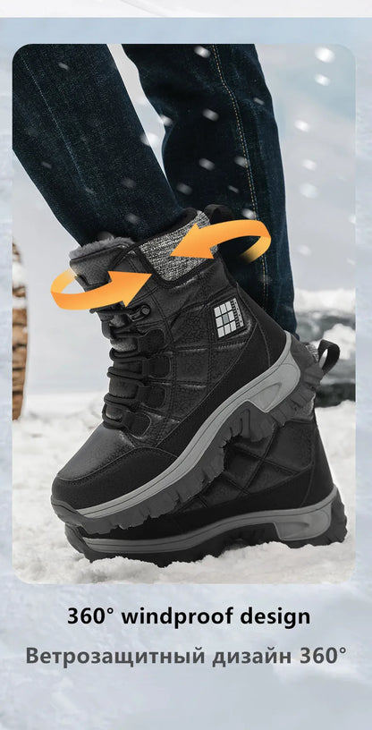 New Warm Plush Men's Snow Boots Lace Up High Top Men's Boots Waterproof Winter Ankle Boots Outdoor Anti-Slip Men Hiking Boots