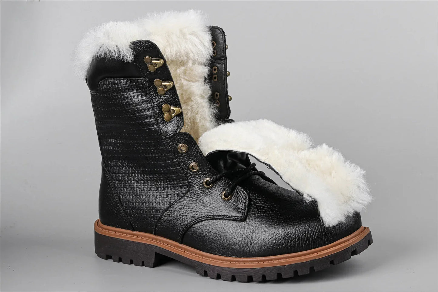 Natural Wool Winter Boots Genuine Natural Cow leather Warmest Men Winter Boots 2024