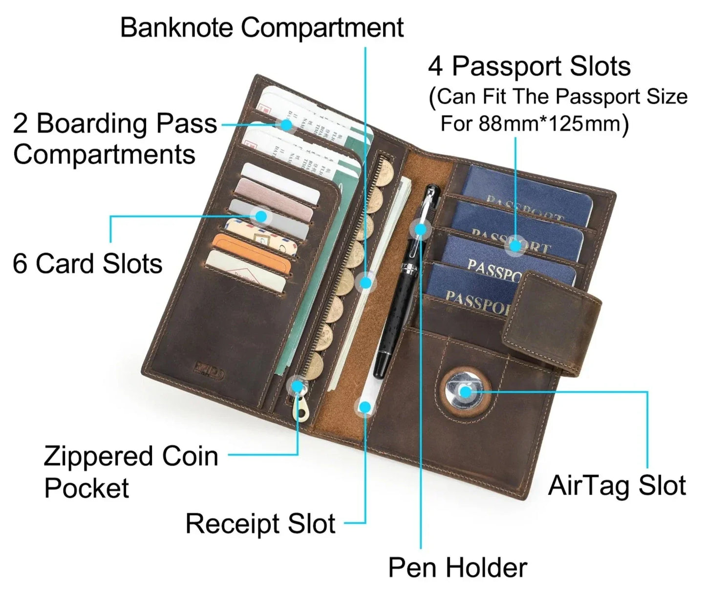 Larson® Wallet: Made with Hand-Stitched Genuine Italian Leather - 1 or 4 Passport Slots, RFID Blocking, & 1 AirTag Slot–Travel with Confidence