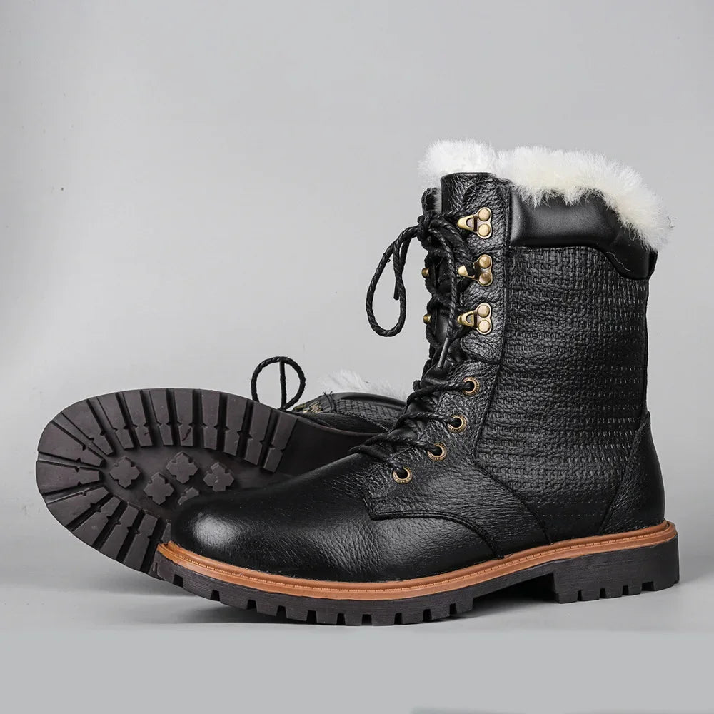 Natural Wool Winter Boots Genuine Natural Cow leather Warmest Men Winter Boots 2024