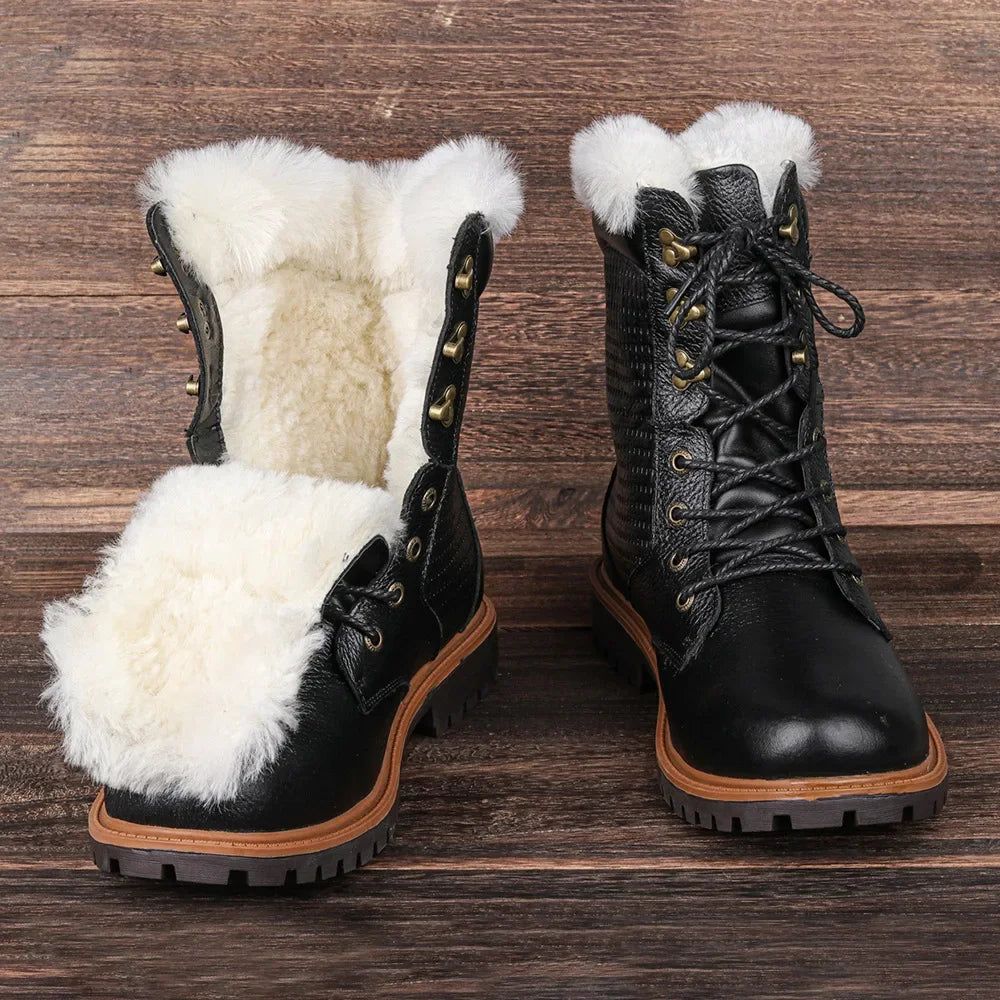 Natural Wool Winter Boots Genuine Natural Cow leather Warmest Men Winter Boots 2024