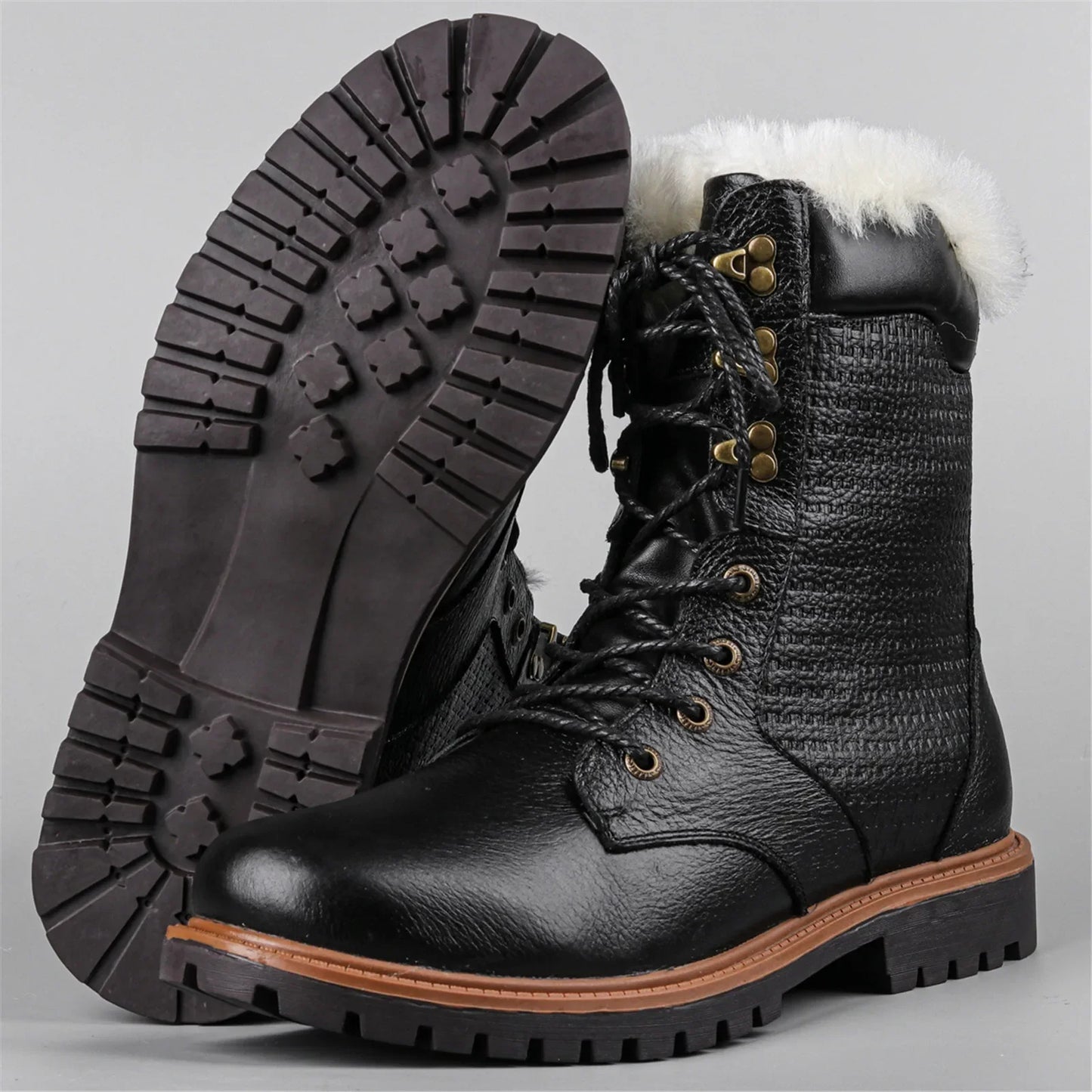 Natural Wool Winter Boots Genuine Natural Cow leather Warmest Men Winter Boots 2024