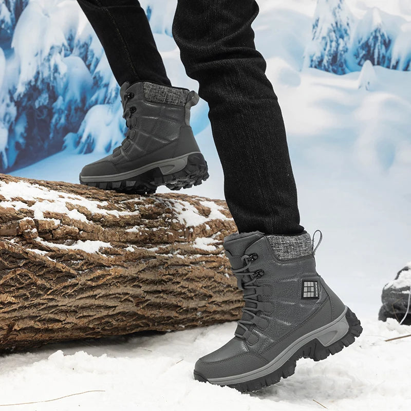 New Warm Plush Men's Snow Boots Lace Up High Top Men's Boots Waterproof Winter Ankle Boots Outdoor Anti-Slip Men Hiking Boots