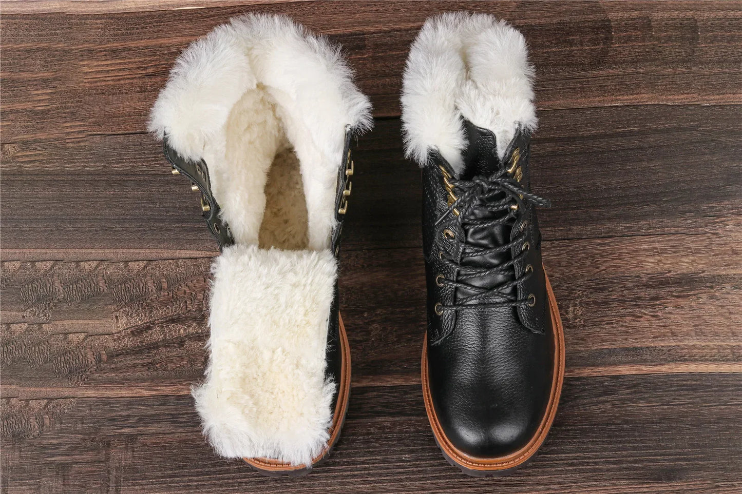 Natural Wool Winter Boots Genuine Natural Cow leather Warmest Men Winter Boots 2024