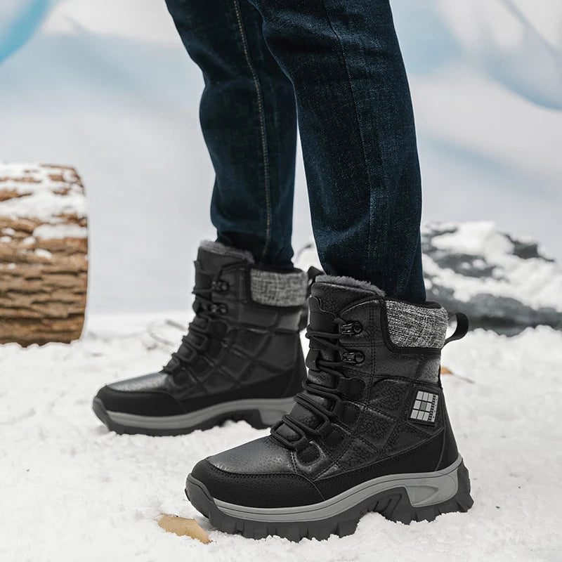 New Warm Plush Men's Snow Boots Lace Up High Top Men's Boots Waterproof Winter Ankle Boots Outdoor Anti-Slip Men Hiking Boots