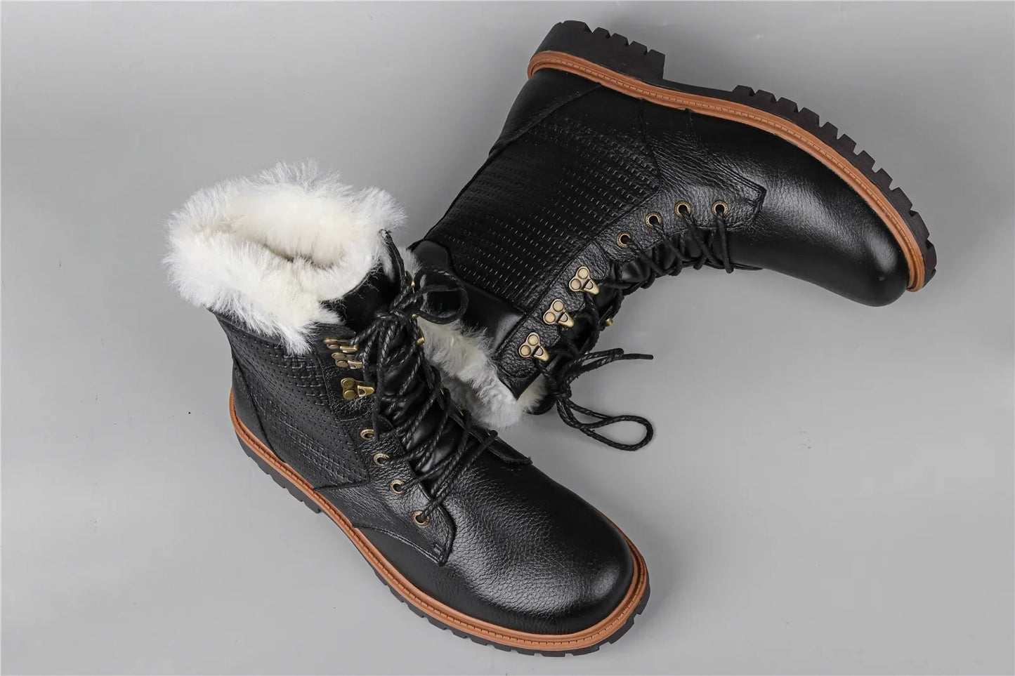 Natural Wool Winter Boots Genuine Natural Cow leather Warmest Men Winter Boots 2024