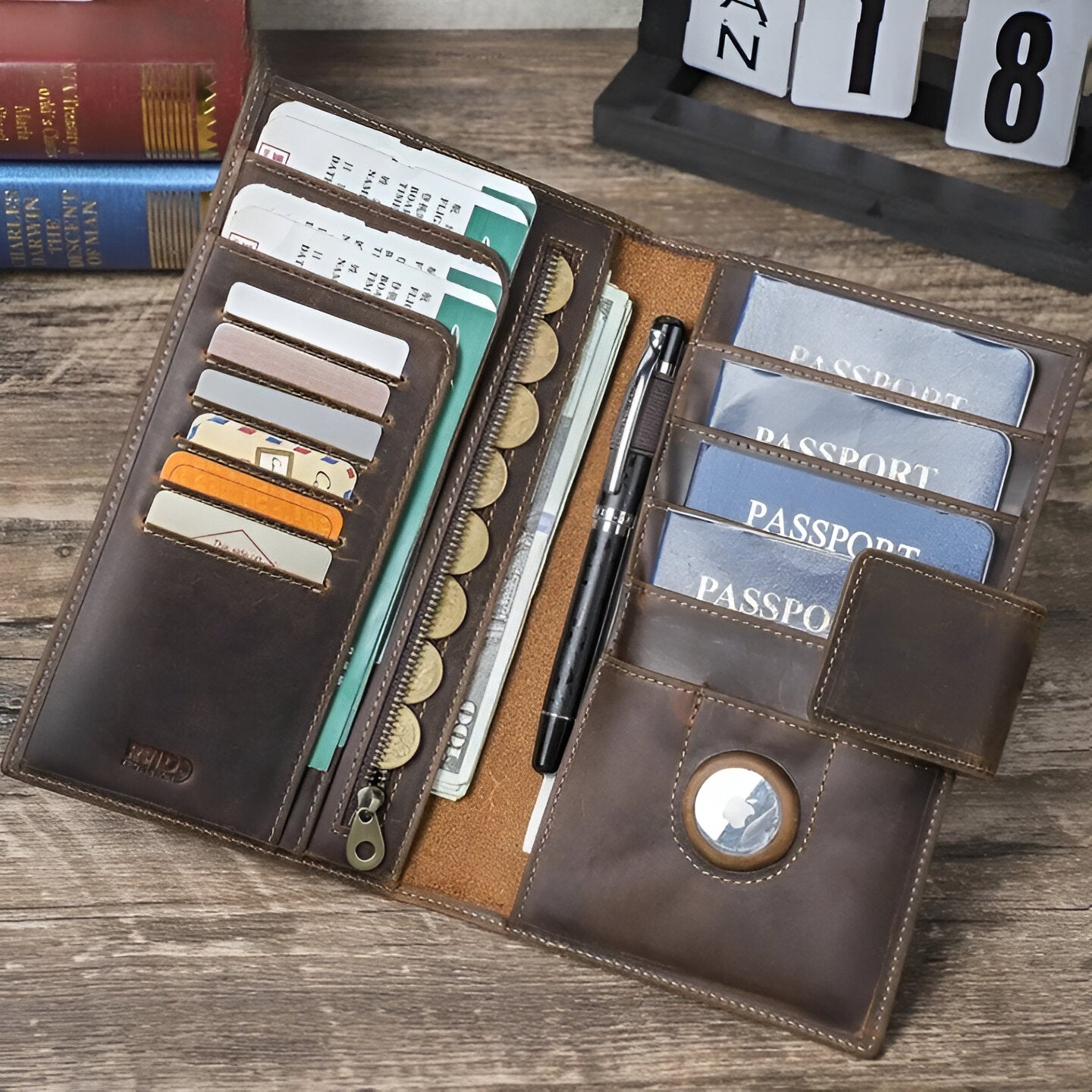 Larson® Wallet: Made with Hand-Stitched Genuine Italian Leather - 1 or 4 Passport Slots, RFID Blocking, & 1 AirTag Slot–Travel with Confidence